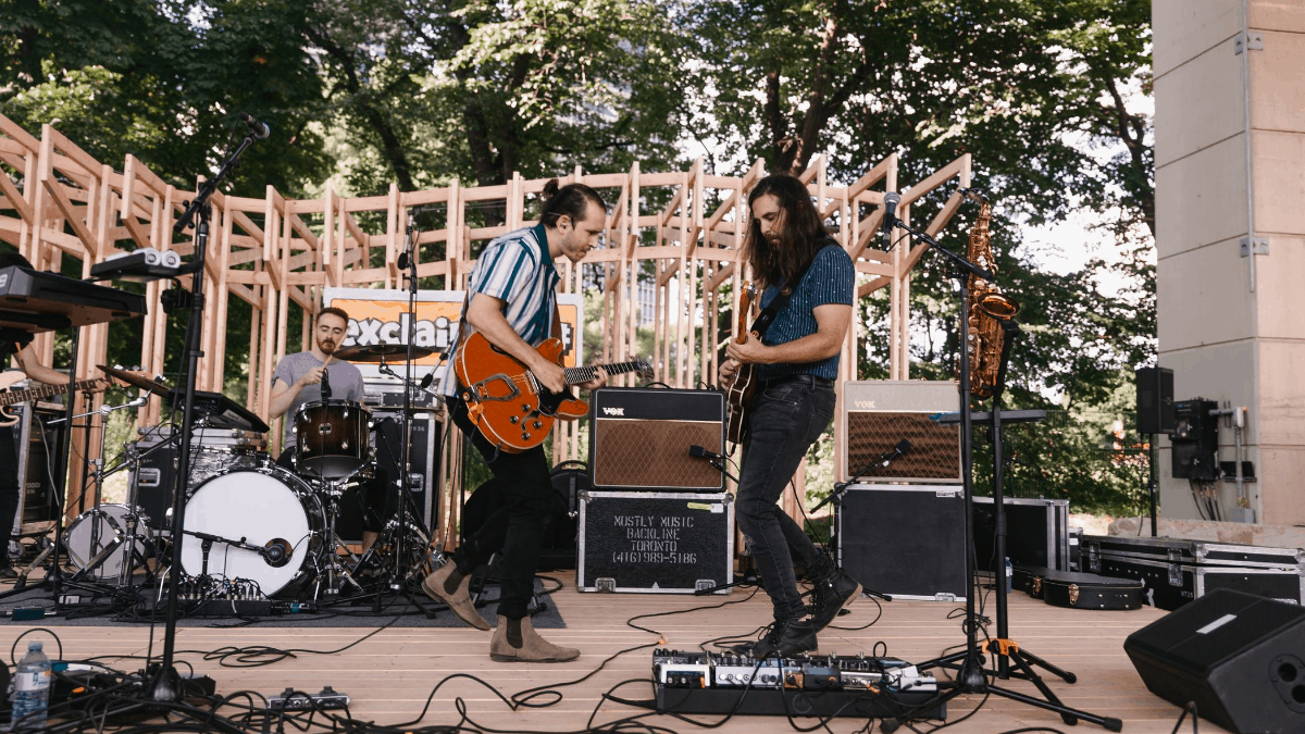 A live band performing in an open space
